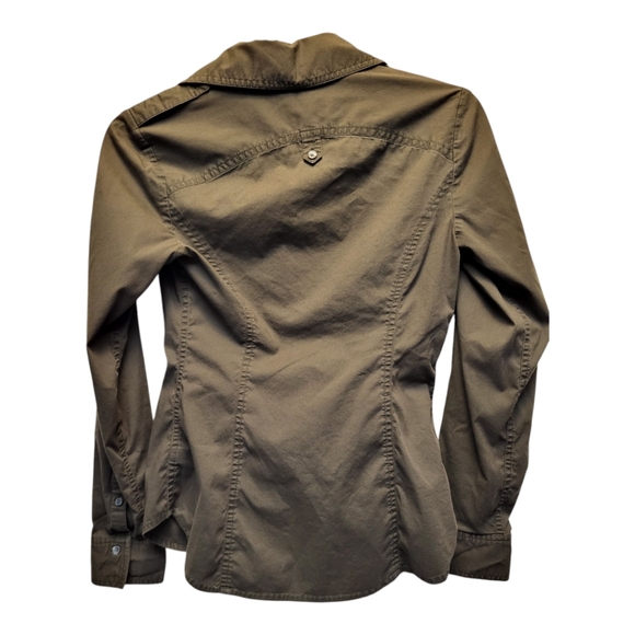 Express Women's Green Fitted Long Sleeve Button Down V-Neck Shirt - Size XS - Picture 2 of 4